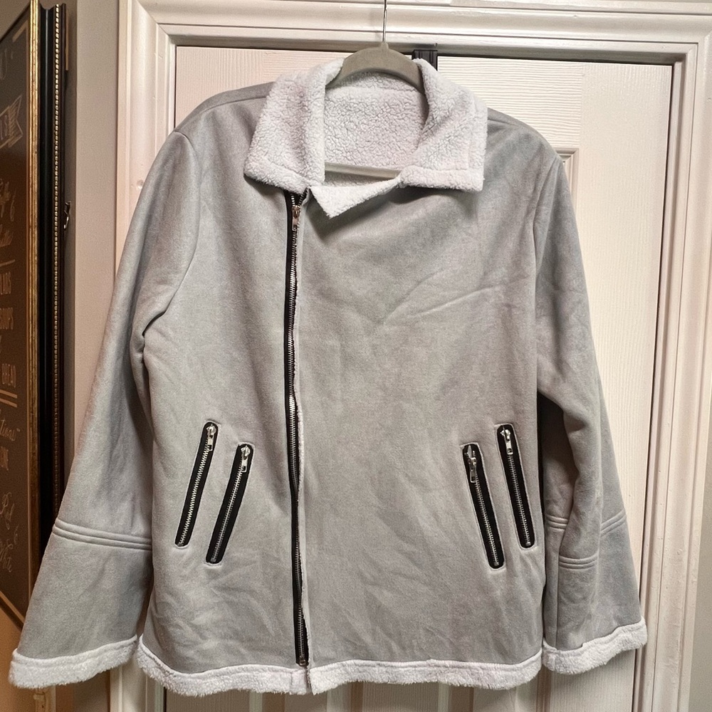 Cozy Gray Teddy Jacket with White Trim